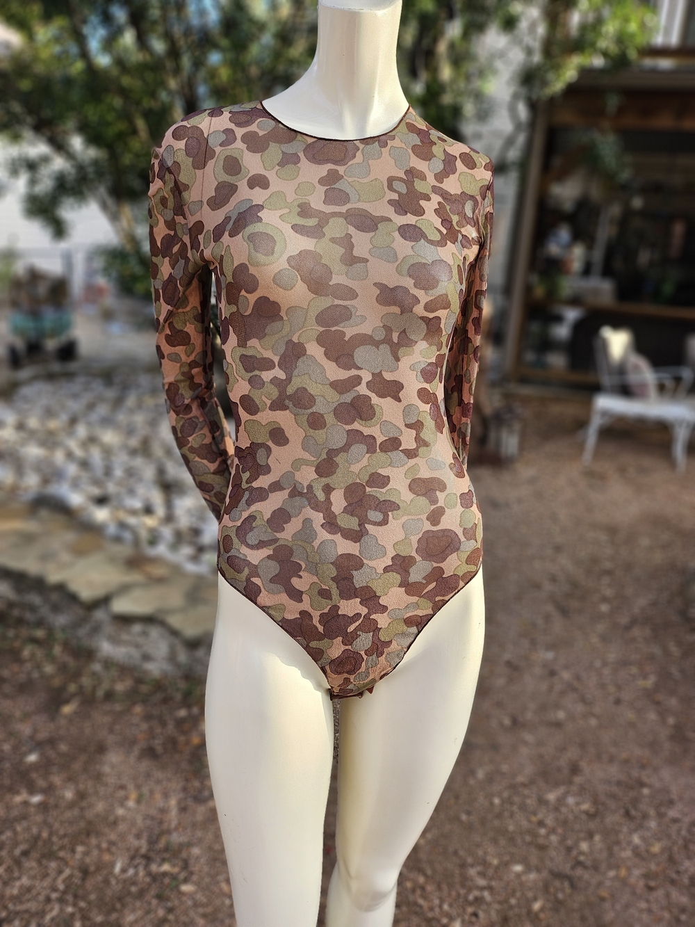 Stunning Long Sleeve Camouflage Print Sheer Stretchy Bodysuit Snap Crotch S/M